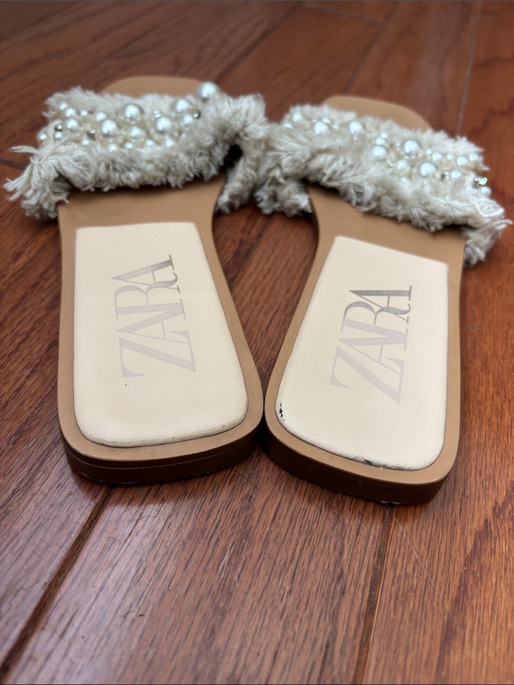 ZARA Cream Pearl & Crystal Fringe Slide Sandals - Picture 2 of 2